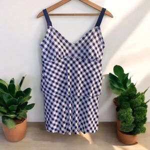 Kim Rogers plaid blue white one piece swim suit XL ruffle front EUC.